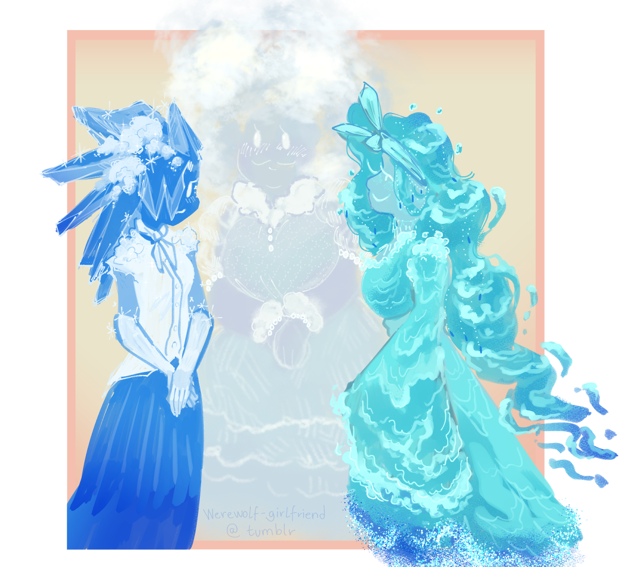 The phases of water drawn as three pleasant maidens. From left to right: ice, steam, and water.